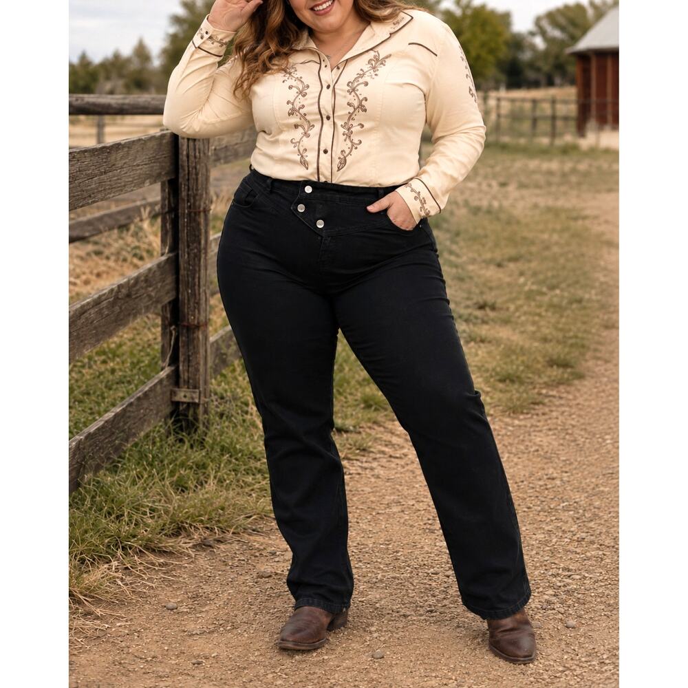 Flamingals Black 3-Button Flap Front Jeans Plus Size 3XL 18/20 NWT